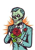 amore mai muore nel Questo unico illustrazione dove romantico zombie abbraccio in mezzo un' letto di fioritura Rose, un' simbolo di eterno affetto vettore