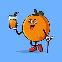 simpatico personaggio di frutta arancione con succo d'arancia in mano. concetto di icona di carattere di frutta isolato. stile cartone animato piatto vettore