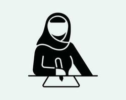 musulmano donna alunno icona. Islam islamico prudente hijab arabo Arabo arabo signora ragazza Scrivi imparare. religione nero bianca simbolo cartello vettore eps