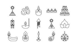 fascio di quindici diwali set di icone di stile di linea vettore