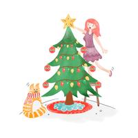 Albero di Natale carino con ragazza e gatto vettore