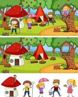 set di diverse scene di campeggio orizzontale con personaggio dei cartoni animati per bambini scarabocchiati vettore