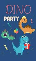 tre dinosauri con il iscrizione dino festa. compleanno festa manifesto concetto. cartone animato stile illustrazione vettore
