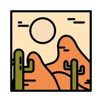 paesaggio arido deserto cactus sole linea selvaggia e stile di riempimento vettore