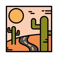 paesaggio deserto strada cactus sabbia sole natura scena linea e stile di riempimento vettore