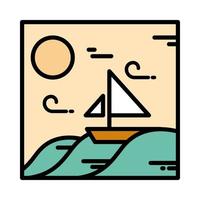 paesaggio barca nel mare vento sole linea cartone animato e stile di riempimento vettore