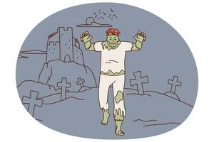 pauroso morto a piedi attraverso cimitero. Frankenstein andando spaventoso terrificante città. piatto vettore illustrazione.