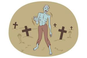 zombie a piedi su cimitero a notte. raccapricciante mostro su Halloween fuori. a piedi morto. vettore illustrazione.