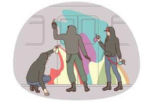 persone pittura metropolitana treno con graffiti. vandali disegno sottocultura arte con aerosol vernici su treno. vandalismo e sabotaggio concetto. vettore illustrazione.