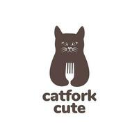 animale animali domestici gatto hold forchetta cibo portafortuna piatto moderno logo design vettore