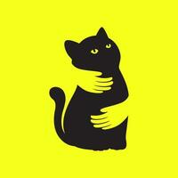 nero gatto animali domestici abbraccio mano amante semplice portafortuna moderno minimo logo vettore icona illustrazione