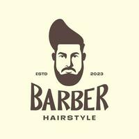 uomo capelli ciuffo acconciatura barbiere Vintage ▾ portafortuna logo icona vettore illustrazione