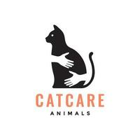 gatto animali domestici cura abbraccio mano amante piatto moderno portafortuna logo icona vettore illustrazione