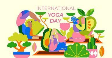 illustrazione per internazionale yoga giorno. donne chi prendere cura di loro mentale e fisico Salute, fare yoga, meditare, trascorrere tempo su loro stessi. fiori e luminosa colori caratterizzare loro interno stato. vettore