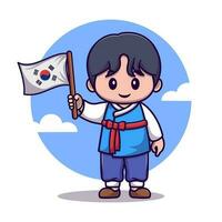 carino ragazzo indossare tradizionale Abiti e Tenere coreano bandiera cartone animato vettore icona illustrazione