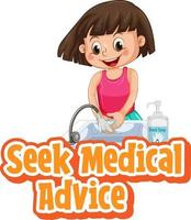chiedere consiglio medico font in stile cartone animato con una ragazza che si lava le mani con acqua su sfondo bianco vettore