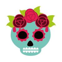 giorno dei morti teschio di zucchero verde con fiori e foglie decorazione celebrazione messicana icona stile piatto vettore