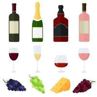 raccolta di bevande alcoliche e snack leggeri in stile cartone animato vino champagne whisky illustrazione vettoriale isolato su sfondo bianco