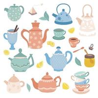 raccolta di elementi per l'ora del tè vettore icone del tè teiere tazze cupcakes e dolci miele limone isolato su sfondo bianco elementi di design