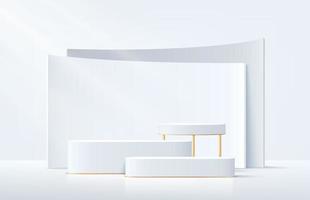 moderno piedistallo geometrico bianco e oro podio. scena minima della parete di colore bianco e grigio con sfondo di forma geometrica. rendering vettoriale forma 3d, presentazione del display del prodotto. concetto astratto della stanza.