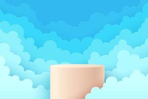 moderno podio cilindrico rosa chiaro con sfondo blu e cielo blu modello nuvola stile taglio carta. rendering vettoriale astratto forma 3d per la visualizzazione di prodotti pubblicitari. stanza da studio con scena minimale pastello.