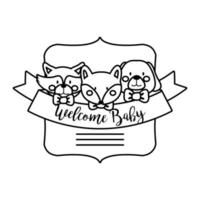 carta cornice baby shower con animali e stile della linea scritta di benvenuto del bambino vettore