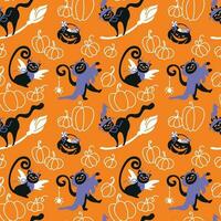 carino gatto vestito nel un' strega e fantasma costume. Halloween festa. bambini illustrazione struttura per tessuto, avvolgere, tessile, sfondo, abbigliamento. senza soluzione di continuità modello. vettore. vettore