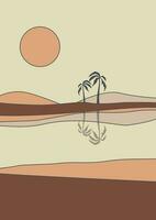deserto oasi nel giorno e acqua minimalista stampabile illustrazione. dune e palme vettore