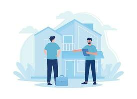 agente immobiliare offrire le case per acquirenti trend piatto illustrazione vettore