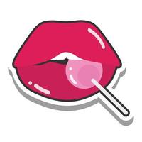 bocca e labbra pop art bocca sexy con caramelle nella linea del bastone e icona di riempimento vettore