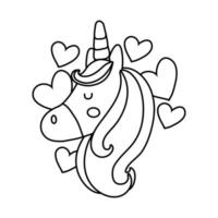 simpatica testa di unicorno con icona di stile linea di cuori hearts vettore