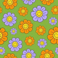 retrò Groovy senza soluzione di continuità modello con sorridente fiori su un' verde sfondo. carino colorato di moda vettore illustrazione nel stile anni '60, 70s