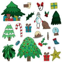 grande clipart fascio per Natale e nuovo anno design. Natale alberi, pupazzo di neve, giocattoli, caramelle, albero arredamento e un' lotto di cura scarabocchio stile elementi vettore