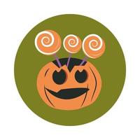 felice halloween zucca raccapricciante caramelle in bastoncini dolcetto o scherzetto celebrazione della festa piatta e icona di blocco vettore