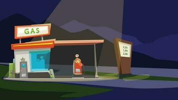 cartone animato gas stazione a notte con leggero vettore