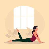 donna in posa yoga a casa vettore