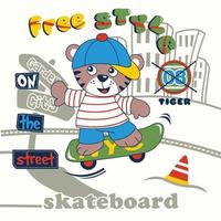 tigre che gioca a skateboard animale divertente cartone animato vettore