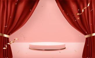 piedistallo in oro rosa su sfondo naturale pastello rosa e tende aperte. display podio vuoto alla moda per la presentazione di prodotti cosmetici, rivista di moda. copia spazio illustrazione vettoriale eps10