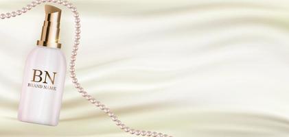 Bottiglia di crema realistica 3d su seta bianca con modello di design di perle di prodotti cosmetici di moda per annunci, volantini, banner o sfondo di riviste. illustrazione vettoriale
