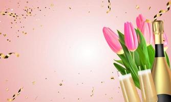 tulipani 3d realistici, bottiglia dorata di champagne e bicchieri su sfondo rosa. illustrazione vettoriale