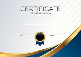 certificato blu e oro del modello di realizzazione imposta lo sfondo con distintivo e bordo in oro. premio diploma design vuoto. illustrazione vettoriale. eps10 vettore