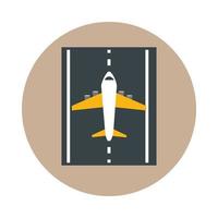 pista dell'aeroporto con viaggio in aereo terminal di trasporto turismo o business block e icona di stile piatto vettore