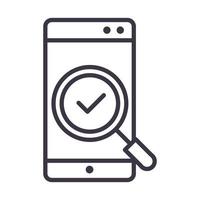 lente d'ingrandimento dello smartphone segno di spunta tecnologia del dispositivo icona del design in stile linea sottile vettore