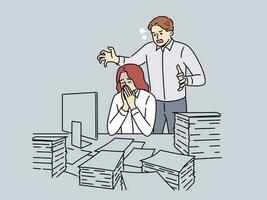 arrabbiato capo urlare a esausto femmina dipendente sopraffatto con lavoro d'ufficio nel ufficio. furioso maschio datore di lavoro urlo a stressato lavoratore a posto di lavoro. vettore illustrazione.