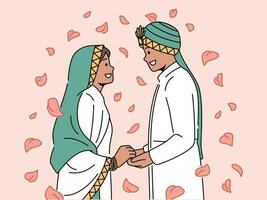 sorridente Arabo uomo e donna nel tradizionale nozze costumi godere matrimonio cerimonia. contento sposa e sposo durante culturale etnico celebrazione. vettore illustrazione.