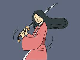 donna samurai con katana conosce asiatico marziale arti e treni disposto per competere. dai capelli lunghi samurai ragazza Tenere lungo spada è vestito nel chimono per battaglie fra giapponese ninja. vettore