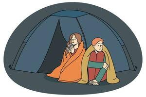 uomo e donna vivente nel tenda su strada vettore