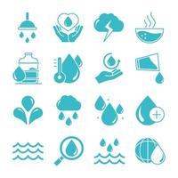 gocce d'acqua natura liquido salva ambiente bevanda blu silhouette stile set di icone vettore