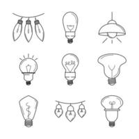 set di icone di stile di linea isolato metafora idea eco lampadina elettrica vettore