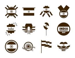 felice giorno dell'indipendenza india celebrazione della libertà nazionale icone impostate stile piatto vettore